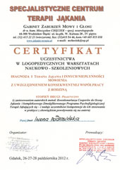 Certyfikat uczestnictwa logopedy Iwony podlasińskiej w logopedycznych warsztatach